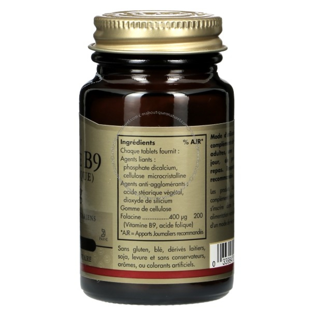 Vitamine B9 (acide Folique) 400µg - 100 Comprimés - Solgar - Onatera.com