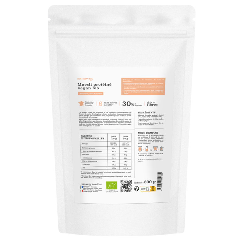 Muesli protéiné vegan Bio amandes, noix & dattes